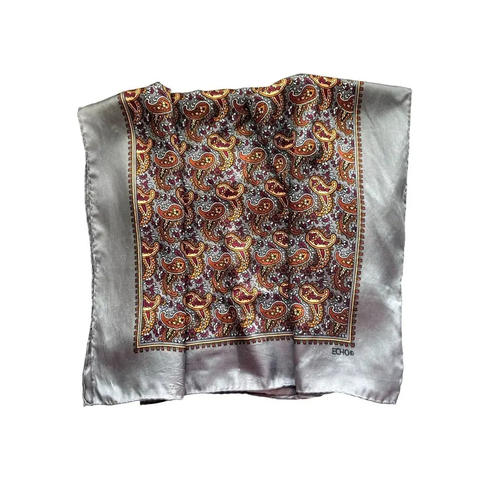 ECHO Silk Blend Paisley Square Scarf Gray Brown Old Money Vintage Inspired